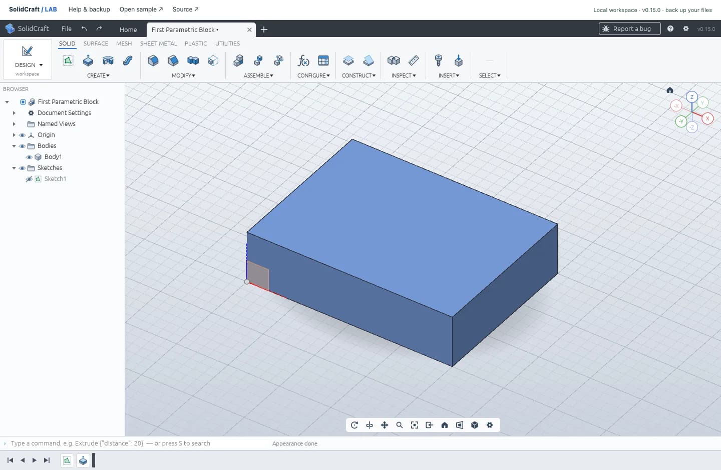 Real SolidCraft browser editor running a fully constrained 40 by 30 by 10 millimeter parametric block